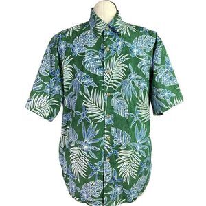 Cooke Street Hawaiian Shirt Men L Green Blue Palms Short Sleeve Tiki Tapas Camp